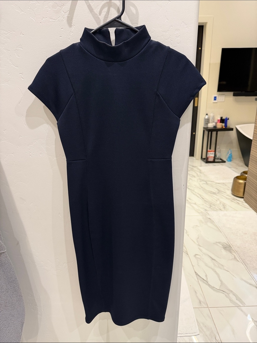Zara Navy Mock Neck Cap Sleeve Midi Dress